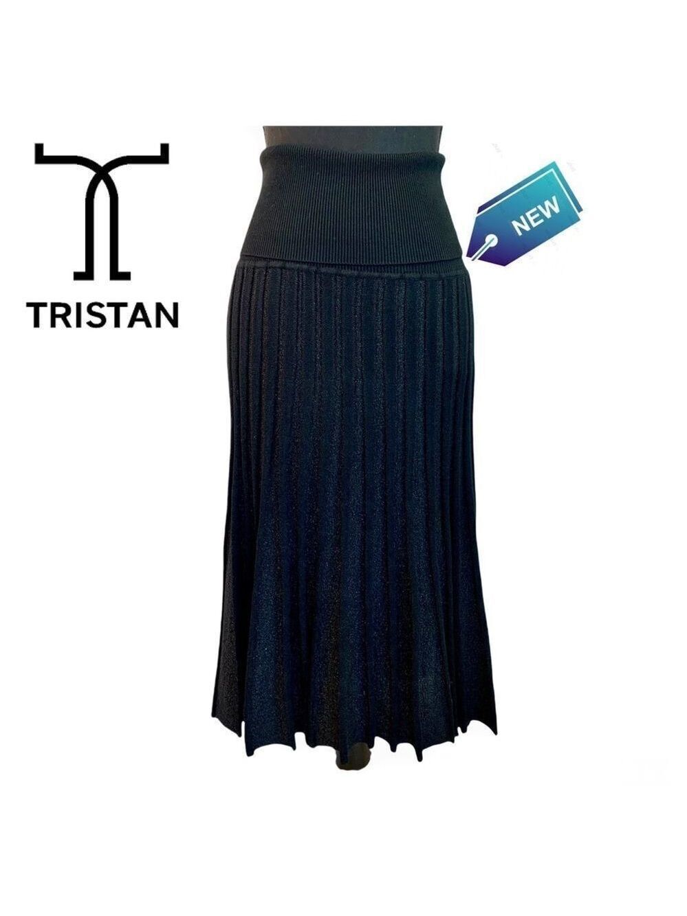 TRISTAN NWT Black stretchy knit pleated shimmer skirt size small